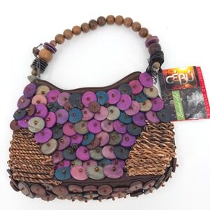 Cebu Signature Collection Wood Bead Disc Purse Boho Purple Brown Small Handbag